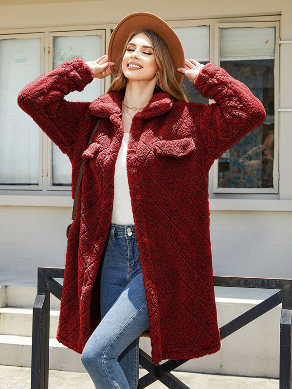 Button-Decorated Plush Long Coat