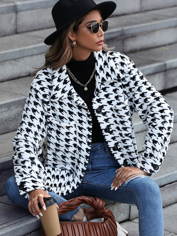 Plush Long-Sleeve Loose Houndstooth Jacket