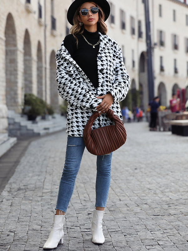 Plush Long-Sleeve Loose Houndstooth Jacket