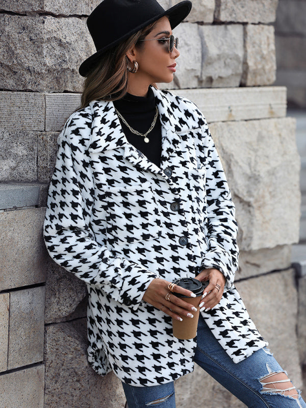 Plush Long-Sleeve Loose Houndstooth Jacket