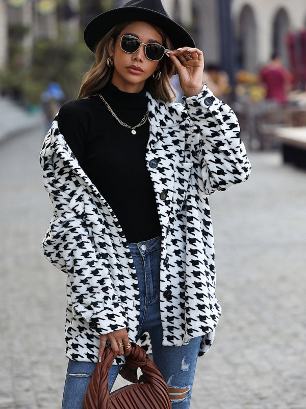 Plush Long-Sleeve Loose Houndstooth Jacket