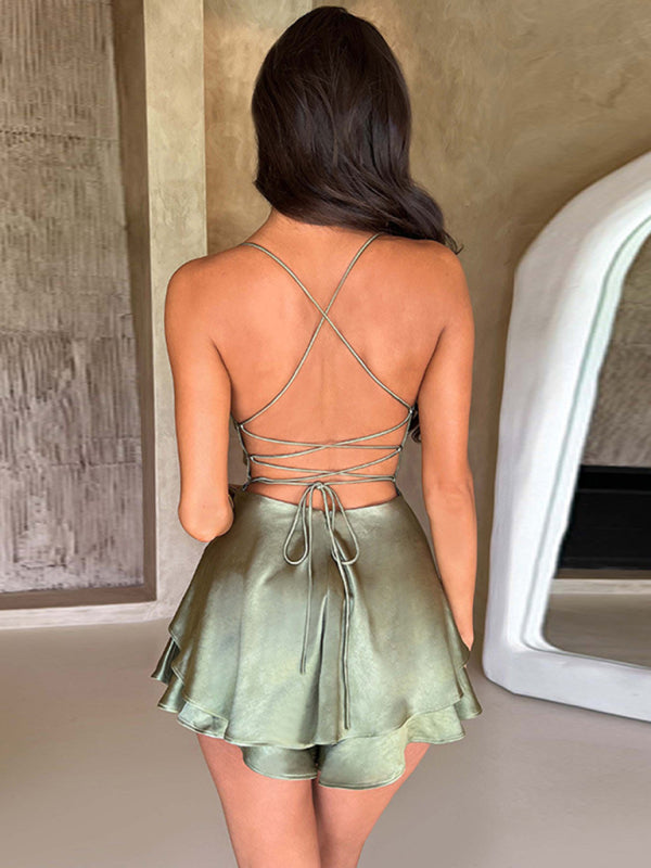 New Suspender Satin Backless Strappy Mini Dress