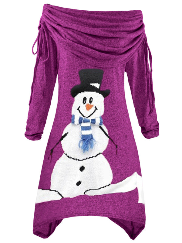 Christmas Snowman-Print Pleated Irregular Dress