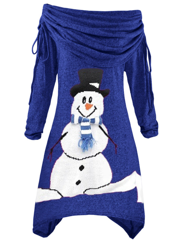 Christmas Snowman-Print Pleated Irregular Dress