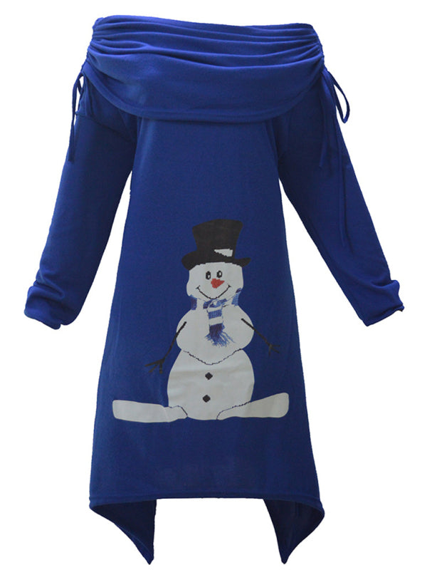 Christmas Snowman-Print Pleated Irregular Dress