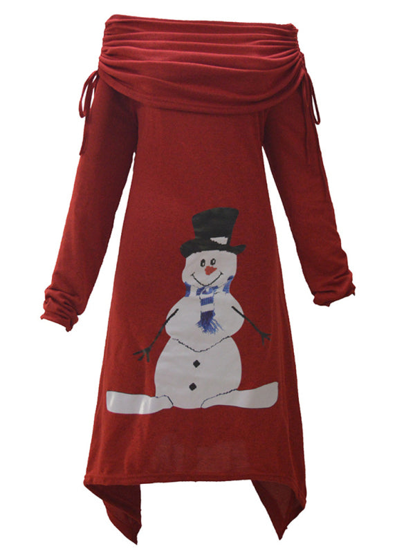 Christmas Snowman-Print Pleated Irregular Dress