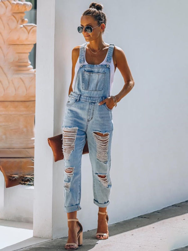 Ripped Mid-Waist Denim Jumpsuit