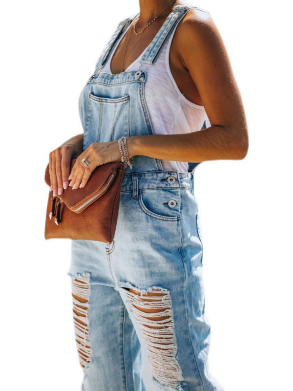 Ripped Mid-Waist Denim Jumpsuit