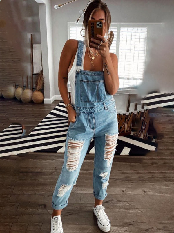 Ripped Mid-Waist Denim Jumpsuit