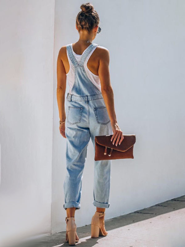 Ripped Mid-Waist Denim Jumpsuit