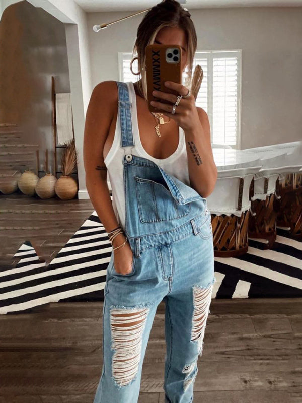 Ripped Mid-Waist Denim Jumpsuit