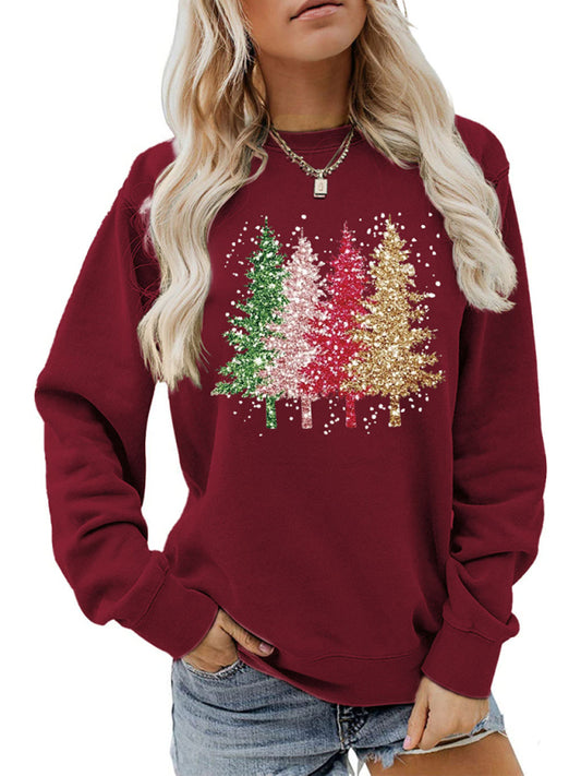 New Fun Round Neck Women's Long Sleeve Four Christmas Trees Long Sleeve Sweatshirt