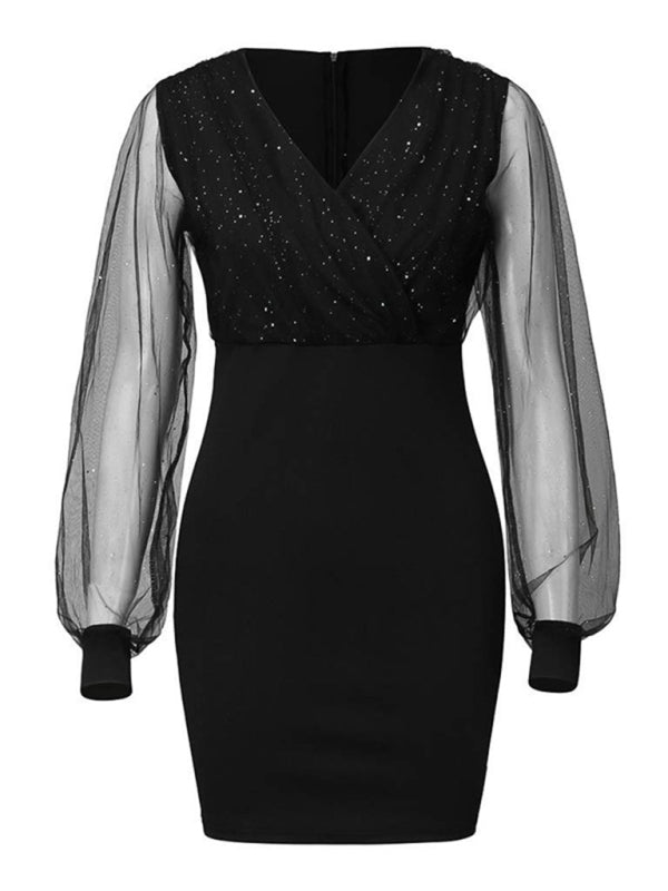 Mesh V-Neck Sequined Long-Sleeve Slim Dress