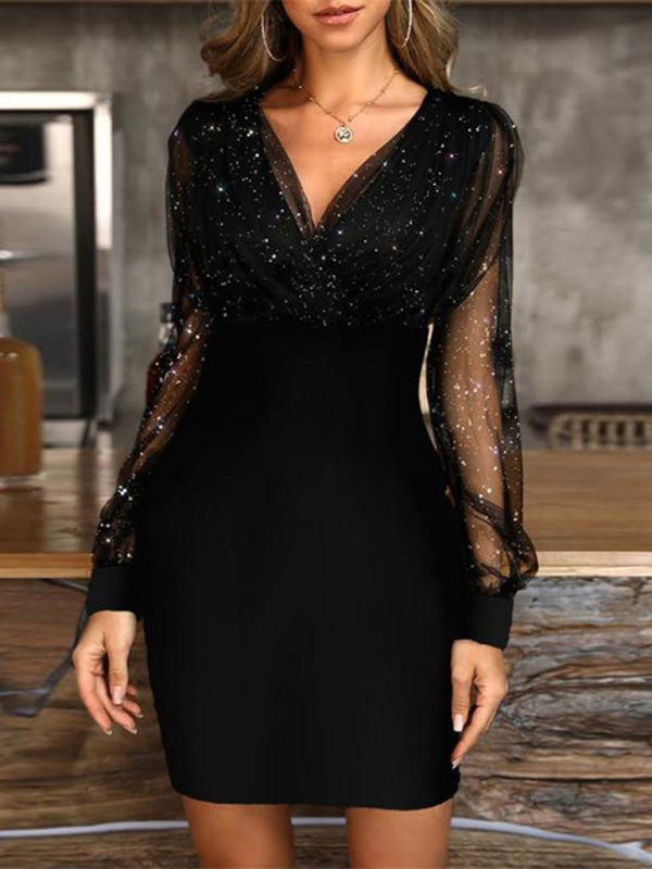 Mesh V-Neck Sequined Long-Sleeve Slim Dress