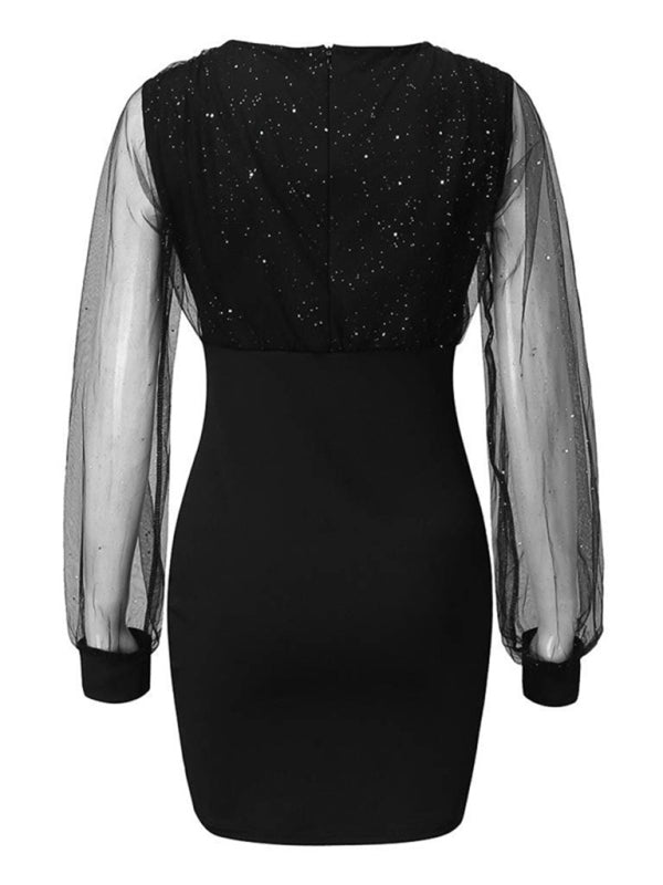 Mesh V-Neck Sequined Long-Sleeve Slim Dress