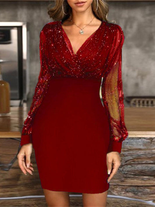 Mesh V-Neck Sequined Long-Sleeve Slim Dress