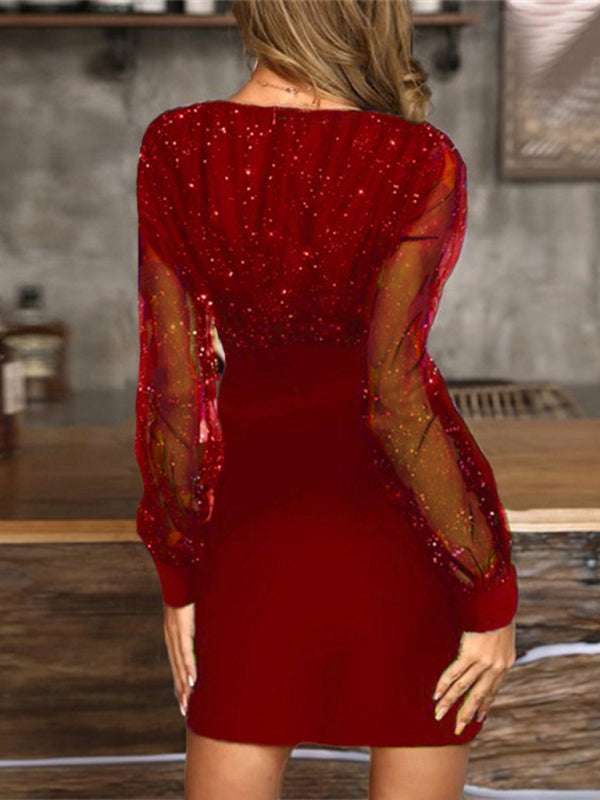 Mesh V-Neck Sequined Long-Sleeve Slim Dress