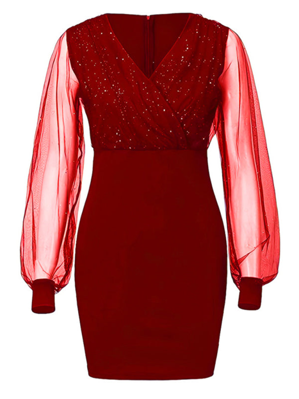 Mesh V-Neck Sequined Long-Sleeve Slim Dress