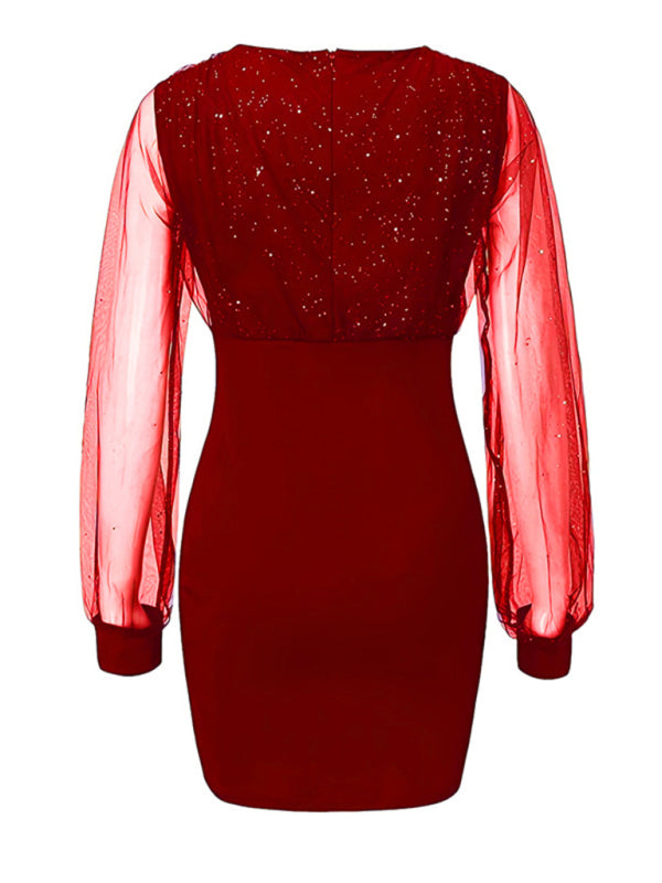 Mesh V-Neck Sequined Long-Sleeve Slim Dress