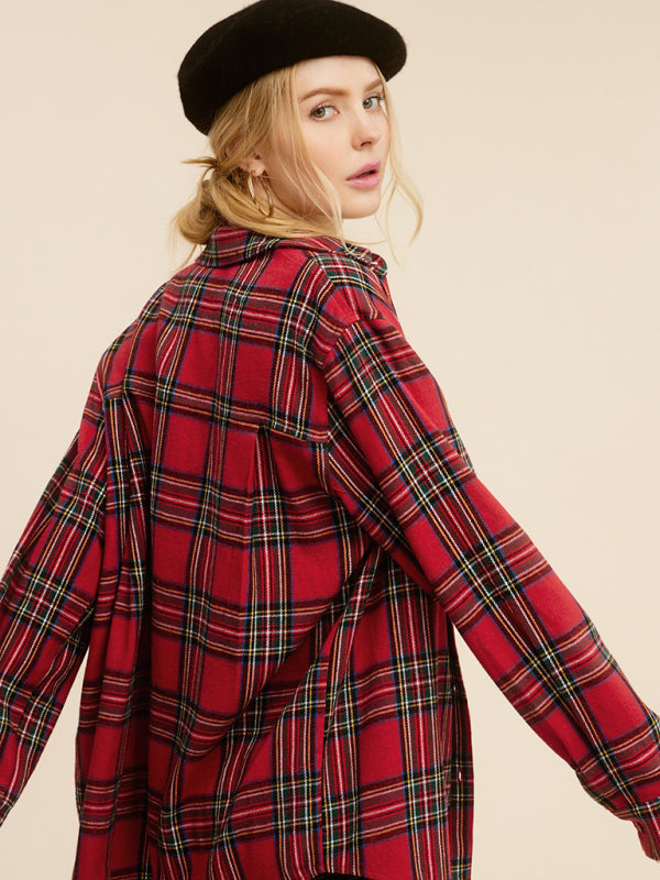 Women's Christmas Lapel Pocket Plaid Shirt