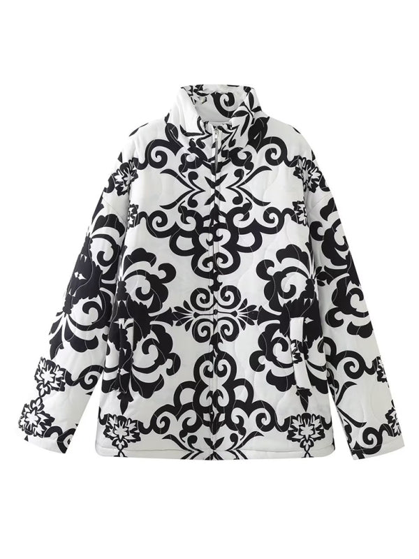 Women's Quilted Cotton Printed Loose Stand-Collar Padded Jacket