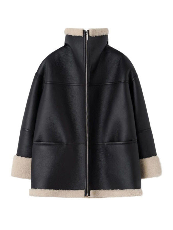 Cashmere Leather Fur Collar Composite Jacket