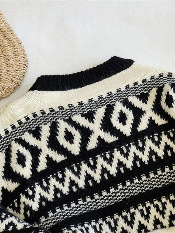 Women's new Christmas and New Year geometric pattern round neck pullover sweater