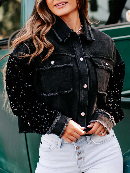 Sequined Short Denim Jacket For Women