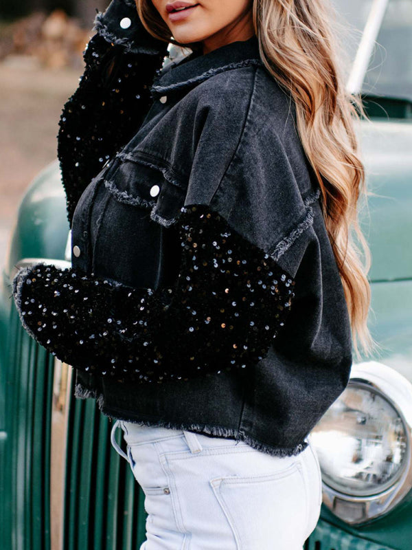 Sequined Short Denim Jacket For Women