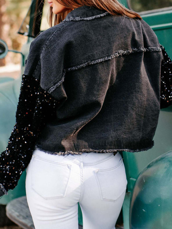 Sequined Short Denim Jacket For Women