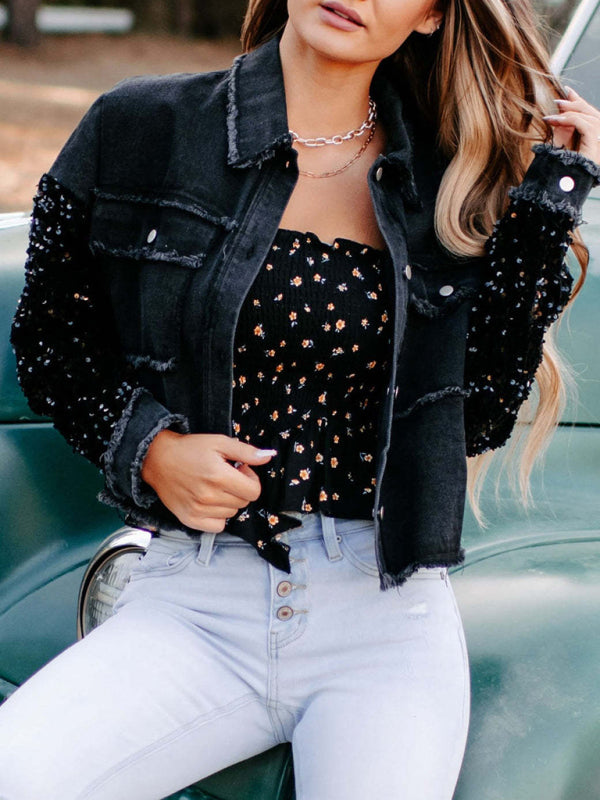 Sequined Short Denim Jacket For Women