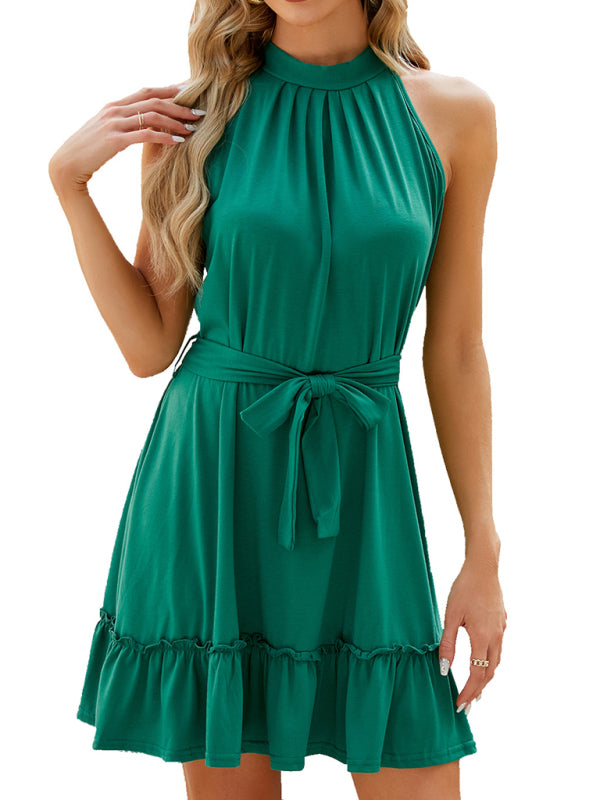 Halter-Neck Pleated Sleeveless Mini Dress