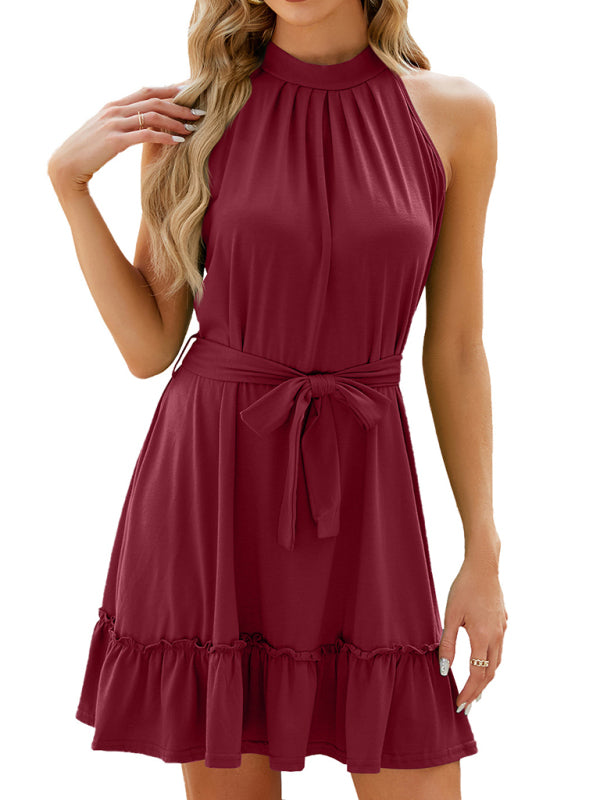 Halter-Neck Pleated Sleeveless Mini Dress