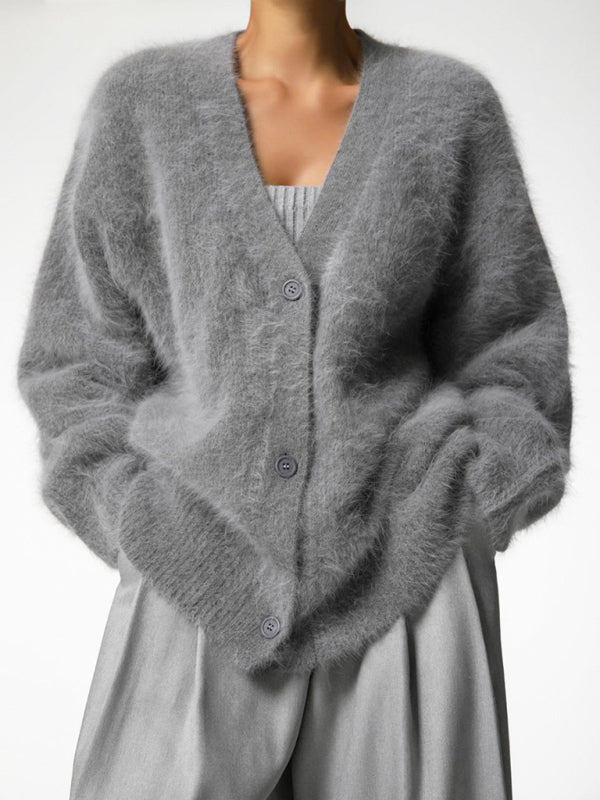 Lazy Loose Long-Sleeve V-Neck Knitted Cardigan