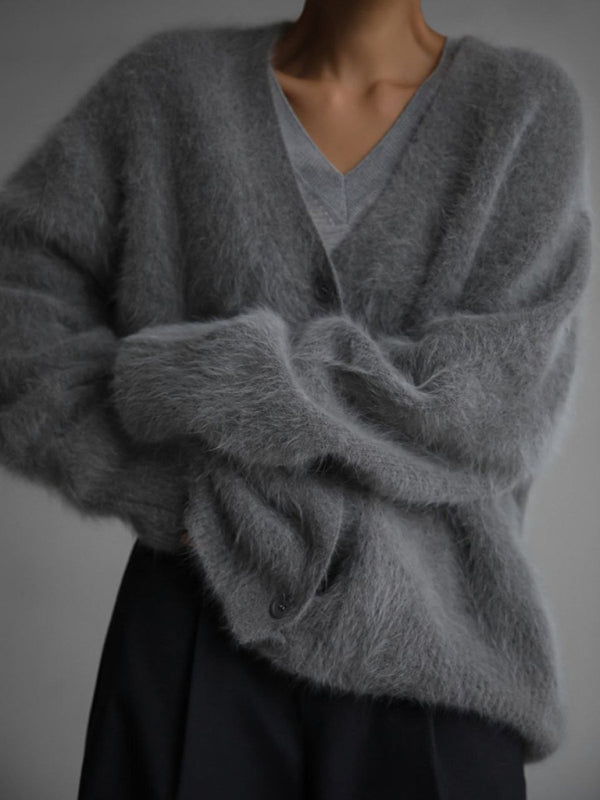 Lazy Loose Long-Sleeve V-Neck Knitted Cardigan