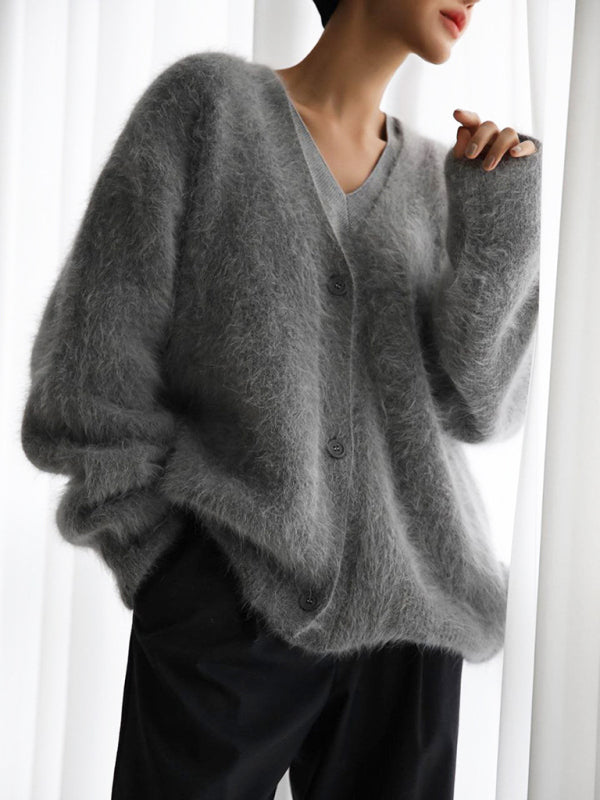 Lazy Loose Long-Sleeve V-Neck Knitted Cardigan