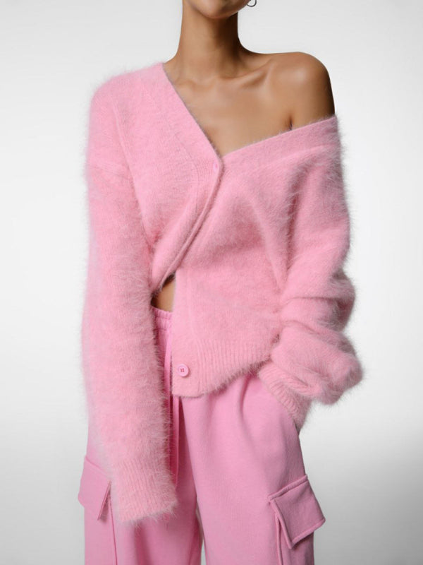 Lazy Loose Long-Sleeve V-Neck Knitted Cardigan