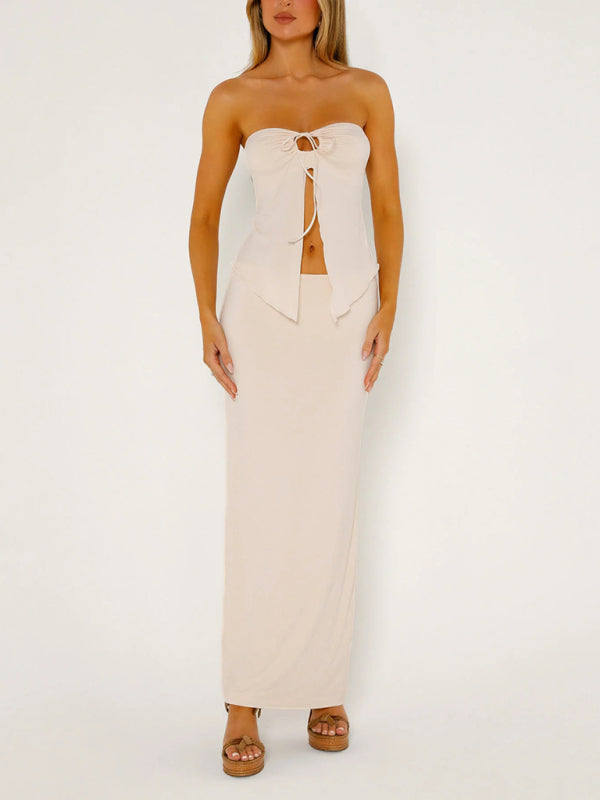 Sleeveless Mesh Double-Layer Slit Tube-Top Vest + Long Skirt Outfit