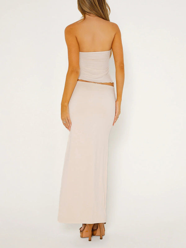 Sleeveless Mesh Double-Layer Slit Tube-Top Vest + Long Skirt Outfit