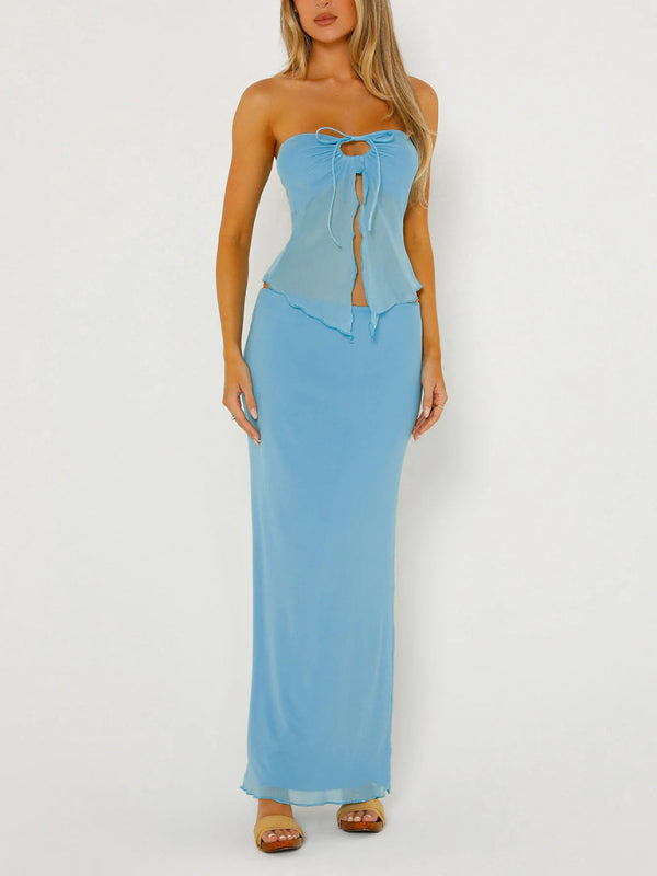 Sleeveless Mesh Double-Layer Slit Tube-Top Vest + Long Skirt Outfit