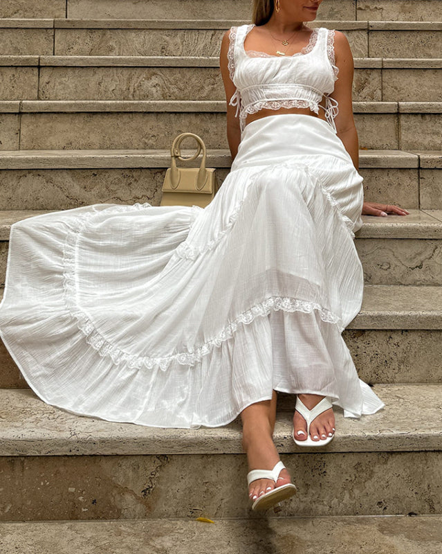 Lace-Up Long Skirt Outfit