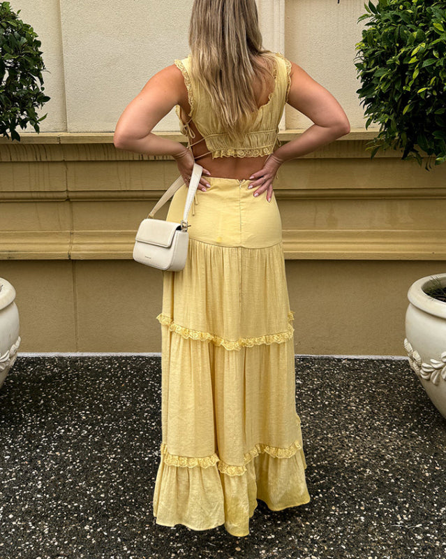 Lace-Up Long Skirt Outfit