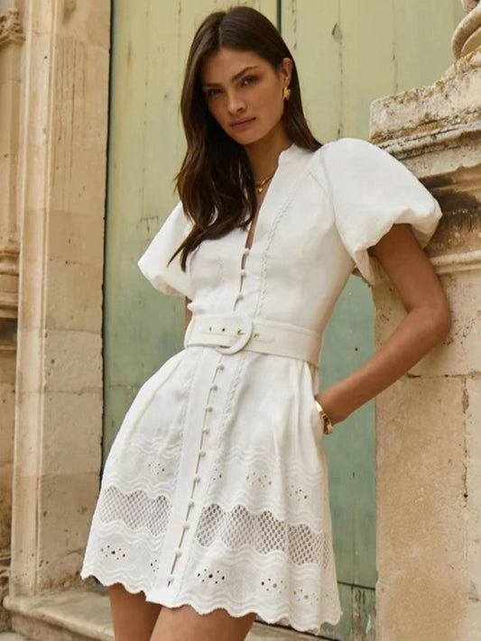 New V-Neck Puff Sleeves Single-Breasted Waistband Short Dress