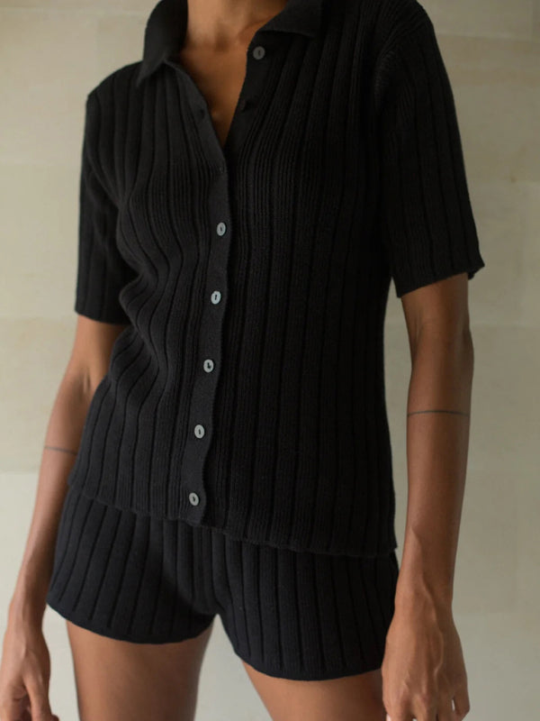 Lapel Knitted Short-Sleeve Cardigan + Thin Shorts Set