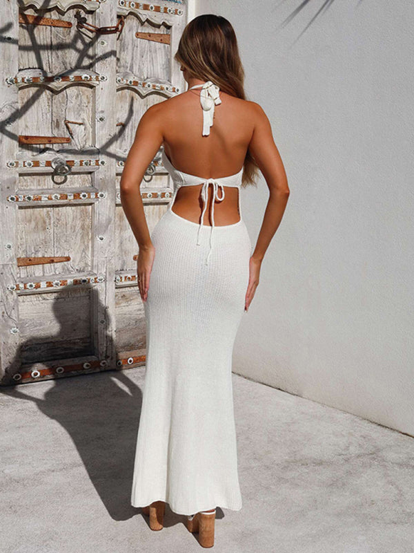 Halter-Neck Low-Cut Backless Knitted Hollow See-Through Dress