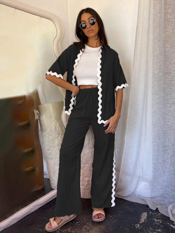 New-Style Lace Splicing Trousers + Shirt Outfit