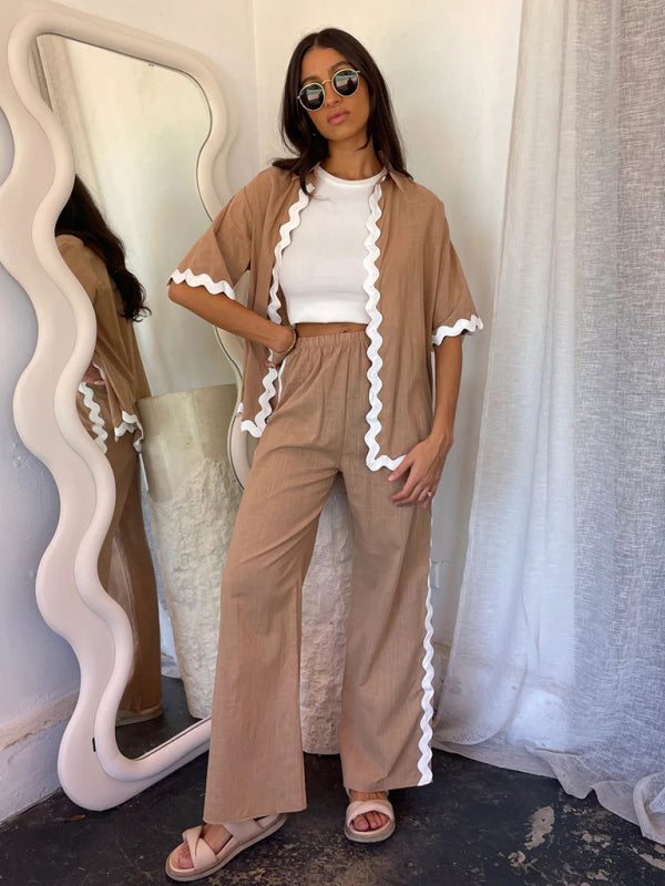 New-Style Lace Splicing Trousers + Shirt Outfit