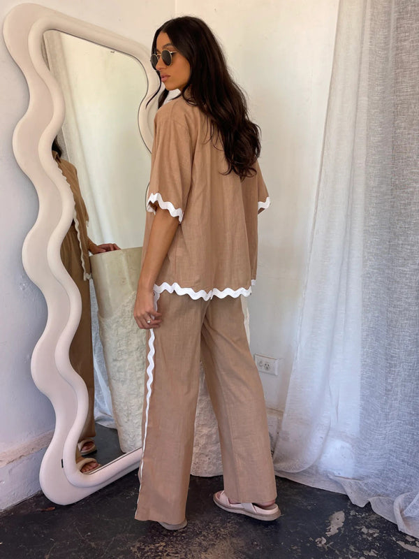 New-Style Lace Splicing Trousers + Shirt Outfit