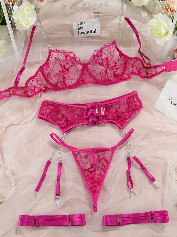 Mesh Embroidered Four-Piece Lingerie Set