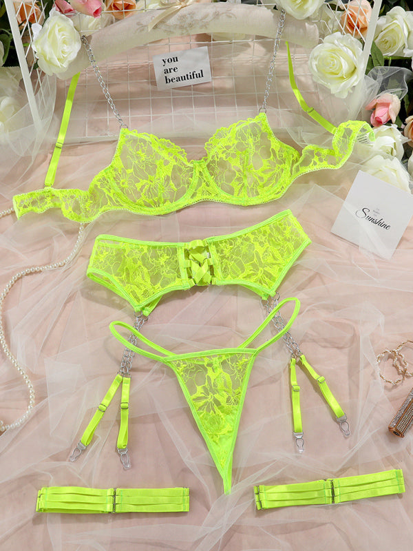 Mesh Embroidered Four-Piece Lingerie Set